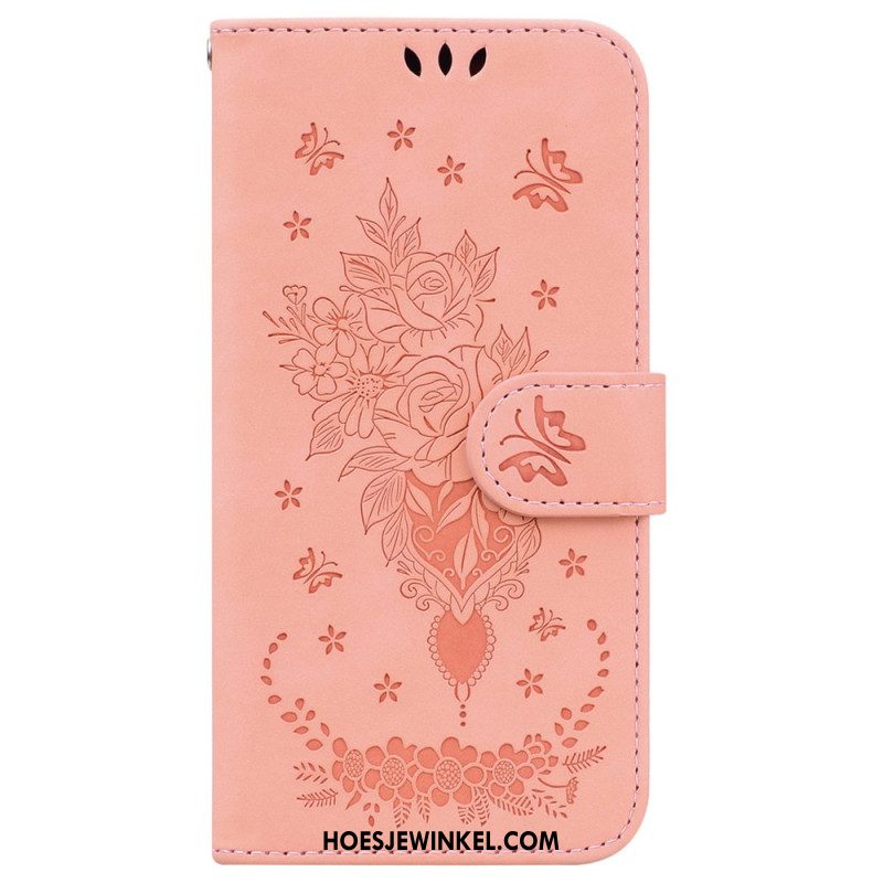 Leren Hoesje iPhone 16 Pro Rozenpatroon Met Bandje Bescherming Hoesje