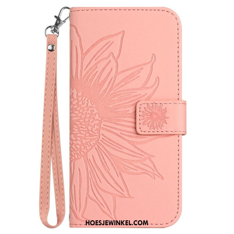 Leren Hoesje iPhone 16 Pro Zonnebloemprint Met Riempje Bescherming Hoesje