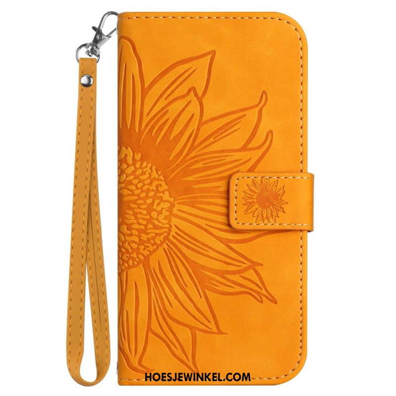 Leren Hoesje iPhone 16 Pro Zonnebloemprint Met Riempje Bescherming Hoesje