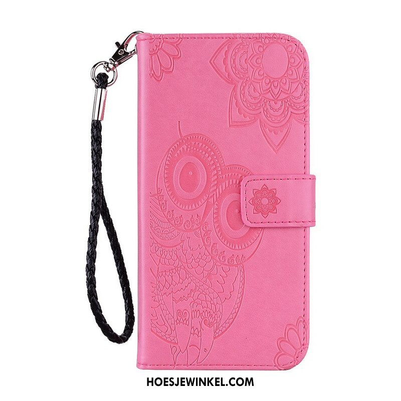 Leren Hoesje voor Samsung Galaxy A42 5G Uil Mandala En Lanyard