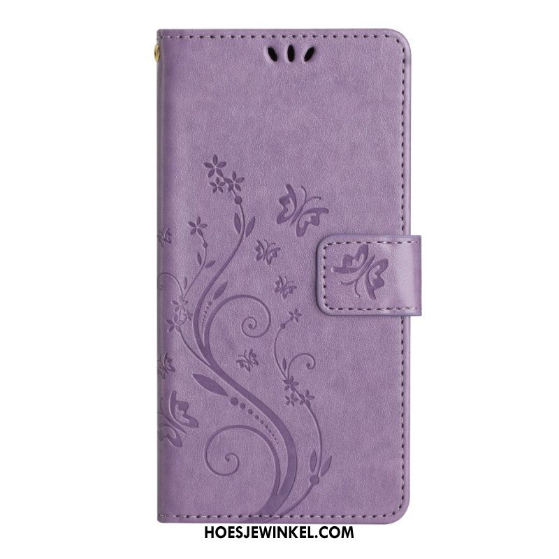 Leren Hoesje voor Samsung Galaxy A54 5G Met Ketting Bloemen En Vlinders Met Riem