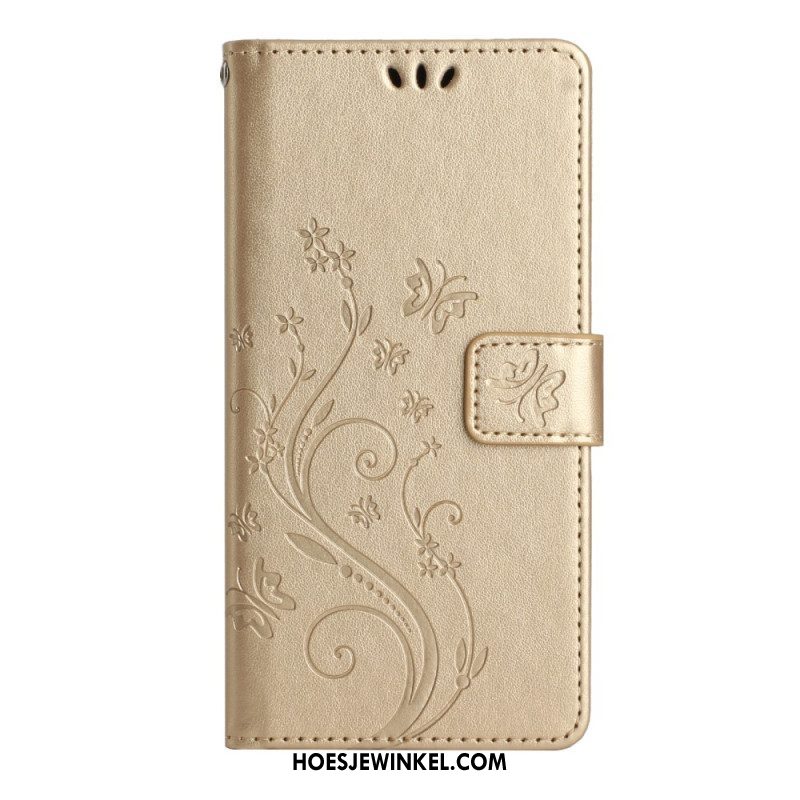 Leren Hoesje voor Samsung Galaxy A54 5G Met Ketting Bloemen En Vlinders Met Riem