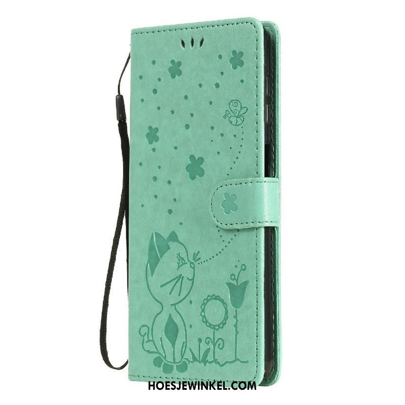 Leren Hoesje voor Samsung Galaxy M12 / A12 Met Ketting Kat En Bij Met Lanyard