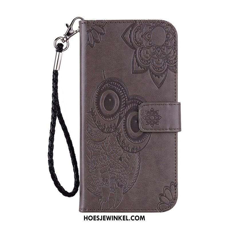 Leren Hoesje voor Samsung Galaxy S21 FE Uil Mandala En Lanyard