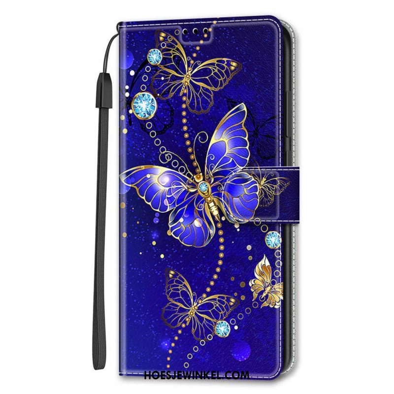 Leren Hoesje voor Samsung Galaxy S22 Ultra 5G Met Ketting Riem Vlinders Waaier