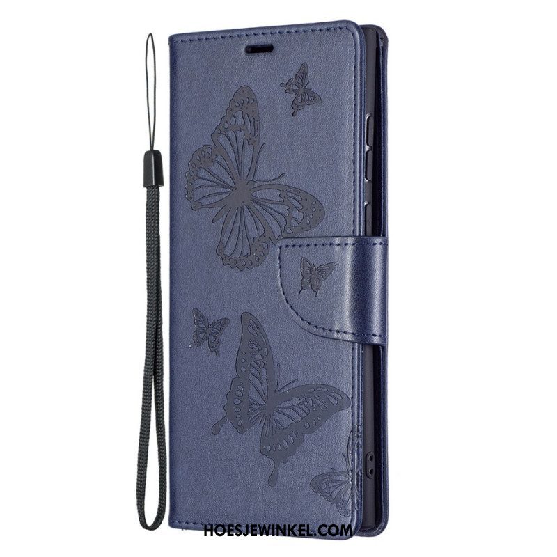 Leren Hoesje voor Samsung Galaxy S22 Ultra 5G Vlinders Tijdens De Vlucht Met Lanyard