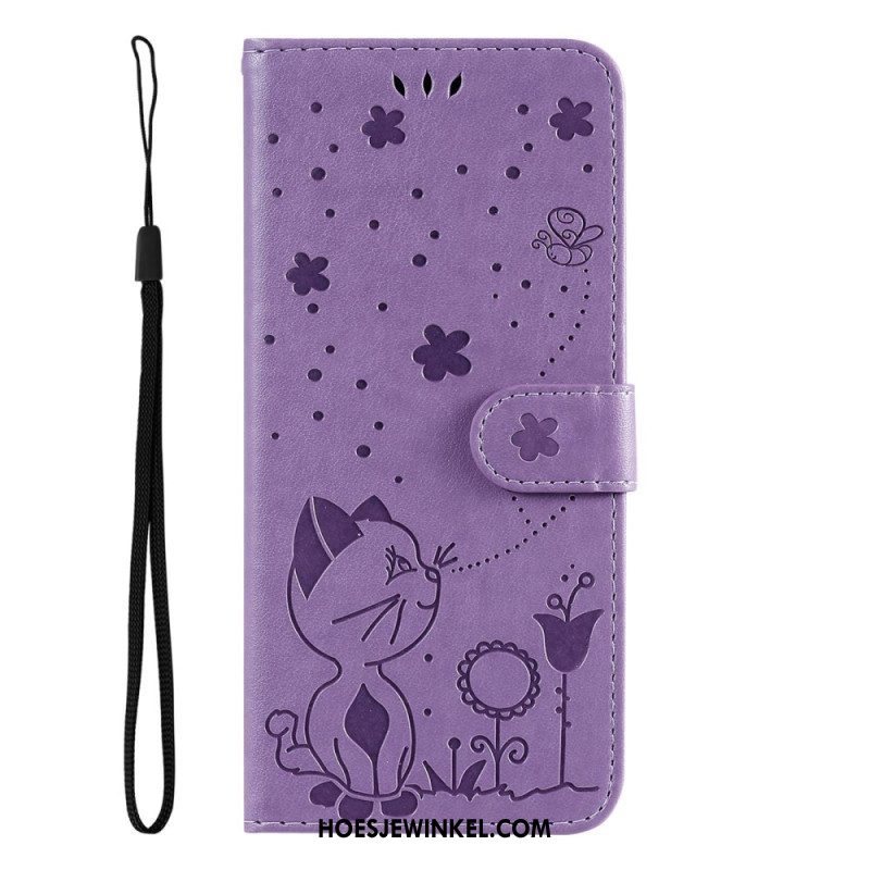 Leren Hoesje voor Samsung Galaxy S23 5G Met Ketting Strappy Kat En Bijen