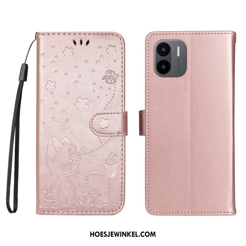 Leren Hoesje voor Xiaomi Redmi A1 Met Ketting Kat En Bij Met Lanyard