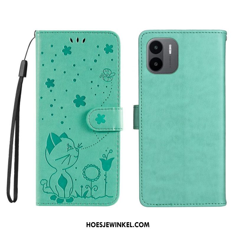 Leren Hoesje voor Xiaomi Redmi A1 Met Ketting Kat En Bij Met Lanyard