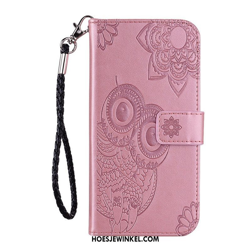 Leren Hoesje voor Xiaomi Redmi Note 10 / 10S Uil Mandala En Lanyard