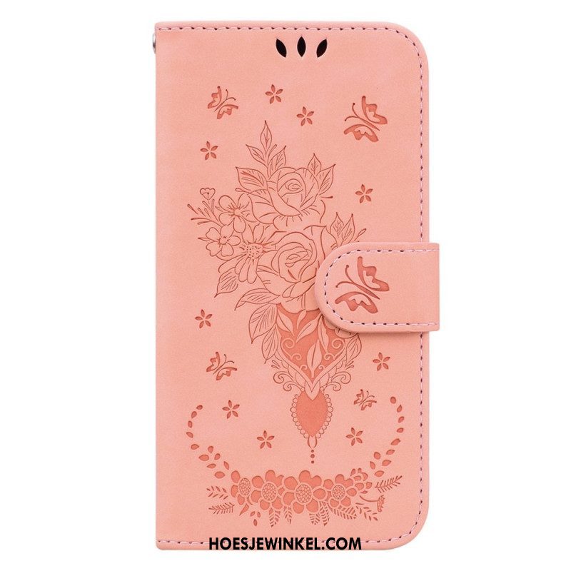 Leren Hoesje voor Xiaomi Redmi Note 12 5G Met Ketting Strappy Rozen En Vlinders