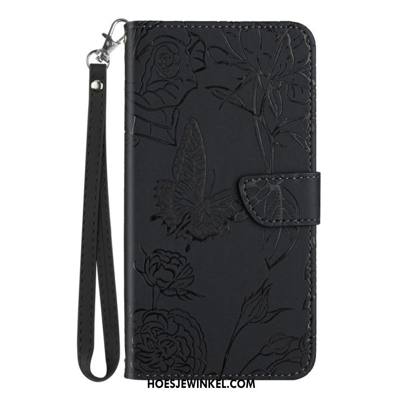 Leren Hoesje voor Xiaomi Redmi Note 12 5G Vlinders En Lanyard