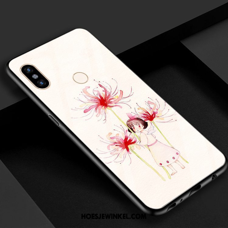 Xiaomi Mi 8 Hoesje Bloemen Blauw Rood, Xiaomi Mi 8 Hoesje Mobiele Telefoon Gehard Glas Beige