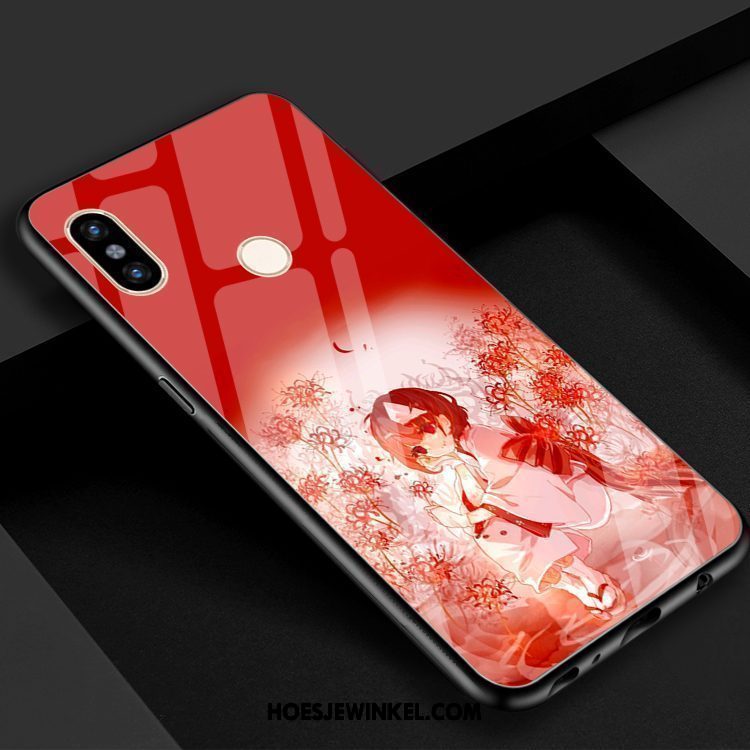 Xiaomi Mi 8 Hoesje Bloemen Blauw Rood, Xiaomi Mi 8 Hoesje Mobiele Telefoon Gehard Glas Beige