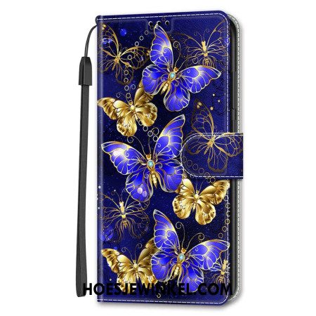 Bescherming Hoesje Samsung Galaxy S24 5g Gouden En Blauwe Vlinders Met Riem