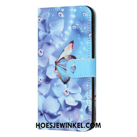 Bescherming Hoesje Xiaomi Redmi Note 13 4g Blauwe Bloemen En Vlinder Met Riempje