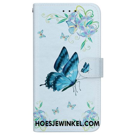 Bescherming Hoesje iPhone 16 Pro Blauwe Vlinder En Bloemen Met Riempje