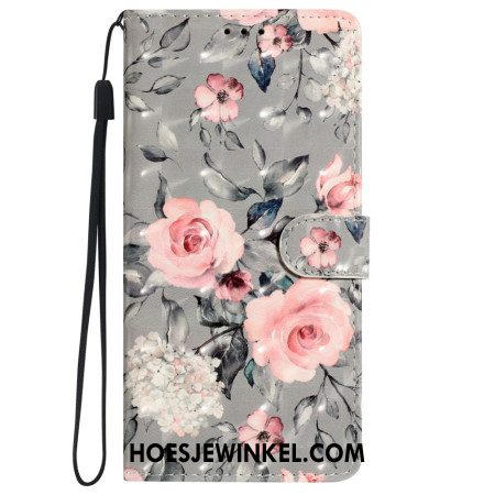 Bescherming Hoesje iPhone 16 Pro Roze Bloemen Op Grijze Achtergrond Met Riempje