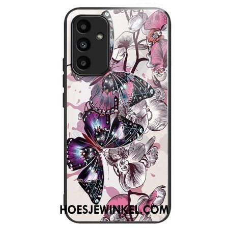 Case Hoesje Samsung Galaxy A15 Telefoonhoesje Paarse Vlinders Van Gehard Glas