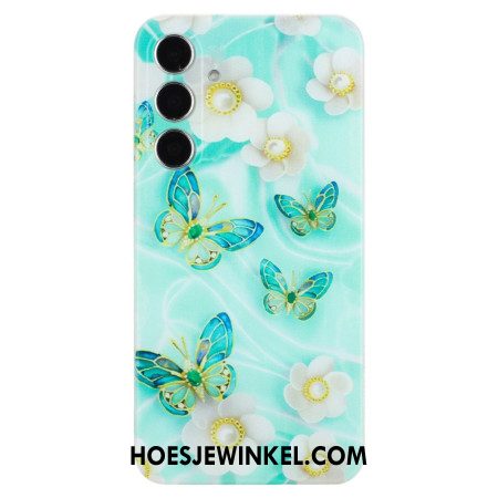 Cover Hoesje Samsung Galaxy S24 Fe Telefoonhoesje Witte Bloemen En Groene Vlinders