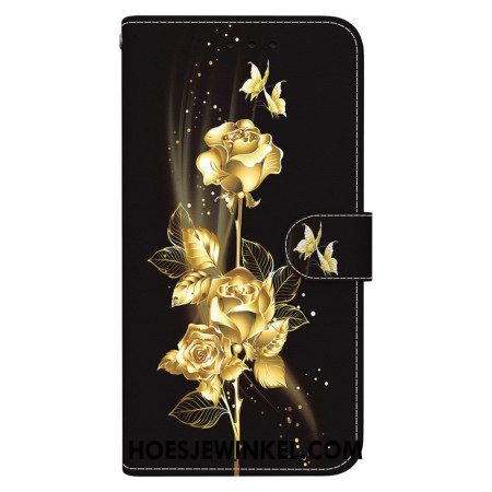 Flip Case Leren Oppo Reno 12f 5g Gouden En Roze Vlinders Met Riem