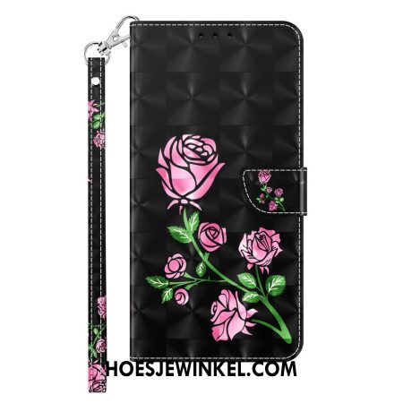 Flip Case Leren Samsung Galaxy A15 Rozenbloemen Met Riempje