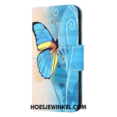 Flip Case Leren Samsung Galaxy A55 5g Gele En Blauwe Vlinder