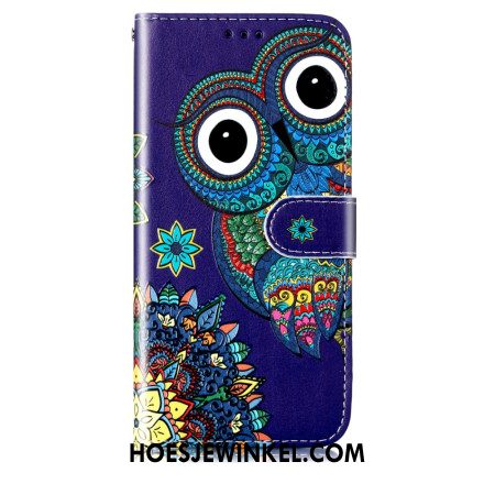 Flip Case Leren Samsung Galaxy S24 Plus 5g Blauwe Uil Met Riem