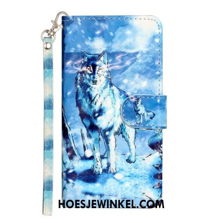 Flip Case Leren Samsung Galaxy S24 Ultra 5g Sneeuwwolf Met Riem