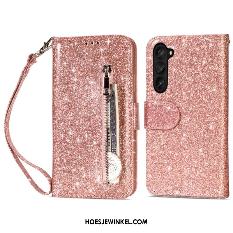 Flip Case Leren Samsung Galaxy Z Fold 5 Glittertasje Met Riempje