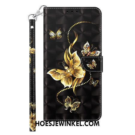 Folio-hoesje Samsung Galaxy S24 5g Telefoonhoesje Gouden Vlinders Met Riem