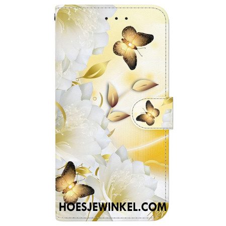 Folio-hoesje Samsung Galaxy S24 Fe Telefoonhoesje Gouden Vlinders En Witte Bloemen