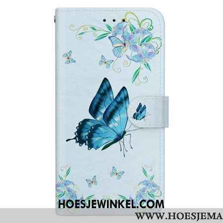 Folio-hoesje Samsung Galaxy S24 Plus 5g Telefoonhoesje Blauwe Vlinder En Bloem Met Riempje