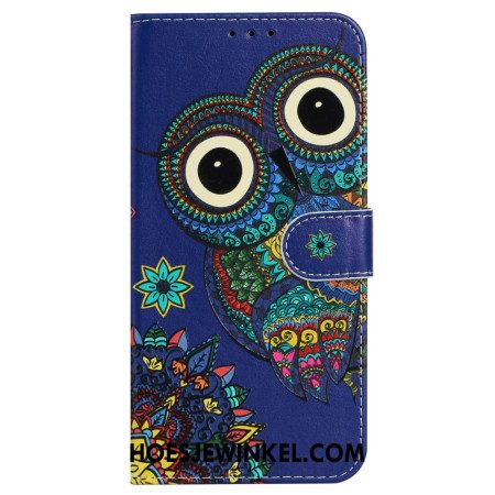 Folio-hoesje iPhone 16 Blauwe Uil Met Riem