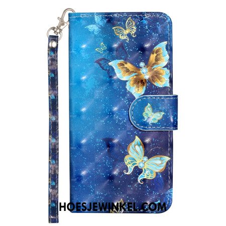 Folio-hoesje iPhone 16 Plus Blauwgouden Vlinders Met Riem