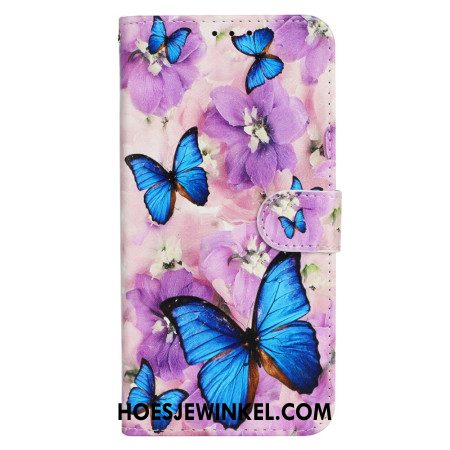 Folio-hoesje iPhone 16 Plus Telefoonhoesje Vlinders En Paarse Bloemen Met Riempje