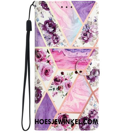 Folio-hoesje iPhone 16 Pro Telefoonhoesje Paarse Bloemen Met Riempje