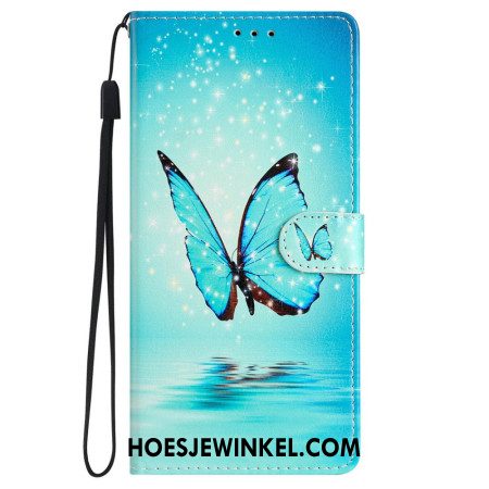 Folio-hoesje iPhone 16 Telefoonhoesje Blauwe Vlinder Met Riem