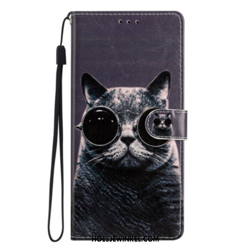 Folio-hoesje voor Moto G73 5G Met Ketting Bril Met Bandjes Cat