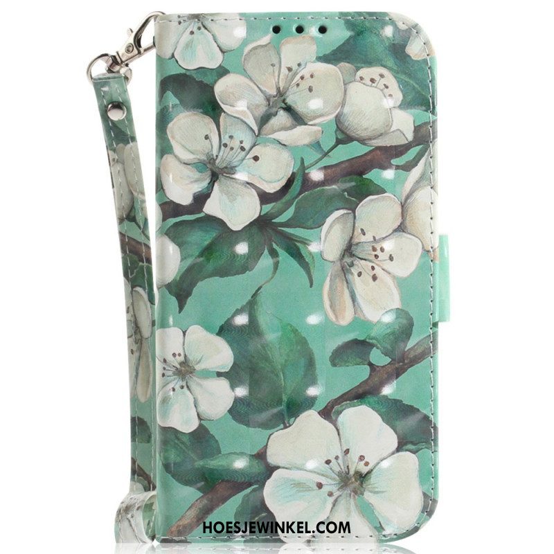 Folio-hoesje voor Moto G73 5G Met Ketting Witte Bloemen Met Bandjes