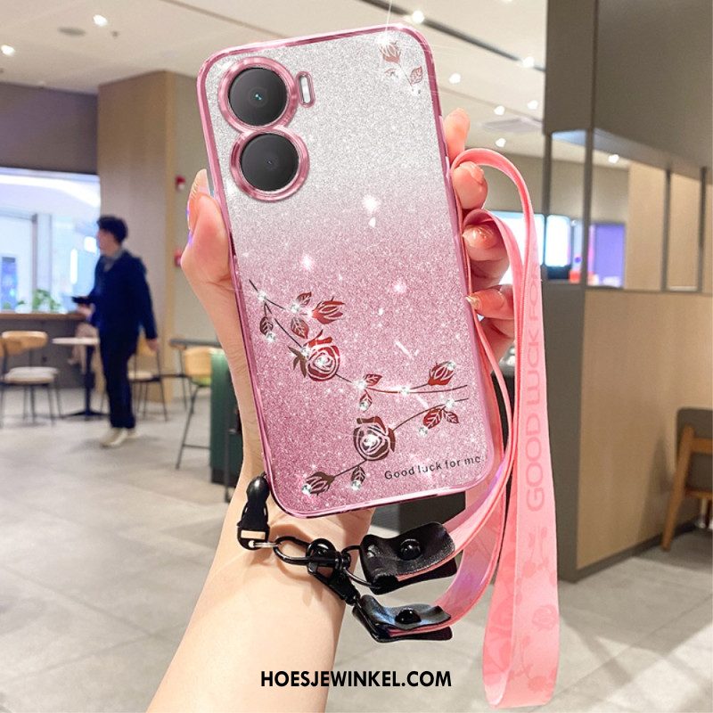 Hoesje Huawei Nova 12 Se Bloemen En Strasssteentjes Met Riempje Bescherming Hoesje