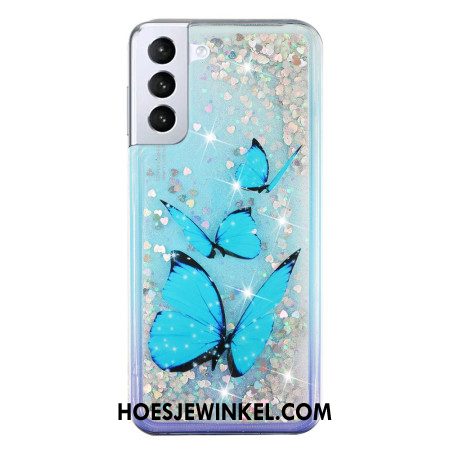 Hoesje Samsung Galaxy S24 Plus 5g Blauwe Vlinders Vloeibare Glitter Bescherming Hoesje