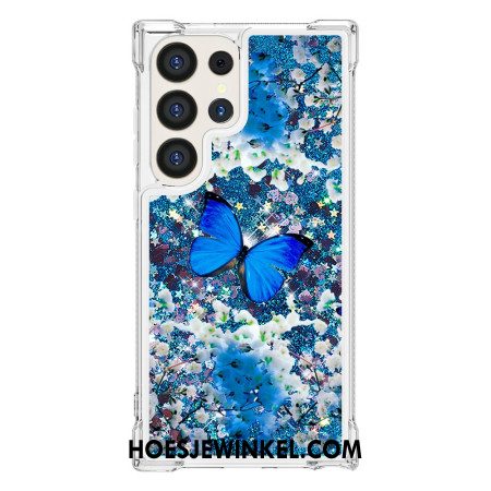 Hoesje Samsung Galaxy S24 Ultra 5g Blauwe Vlinderglitter Bescherming Hoesje