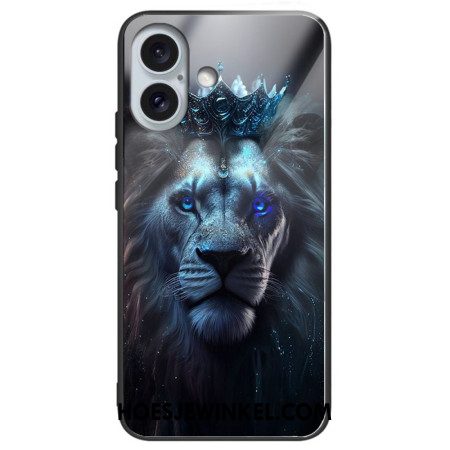 Hoesje Voor iPhone 16 Plus Blauwe Leeuw Gehard Glas