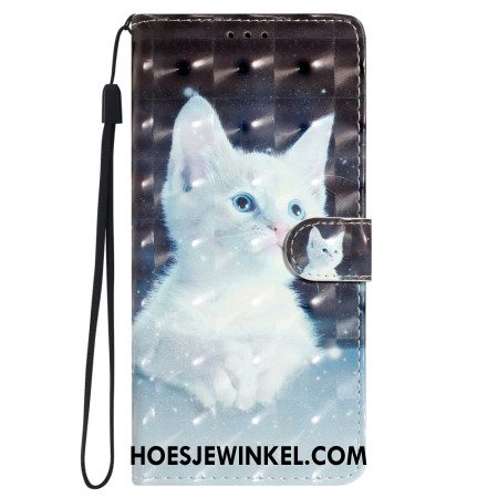 Leren Hoesje Oppo A98 5g 3d Witte Kat Met Riem Bescherming Hoesje