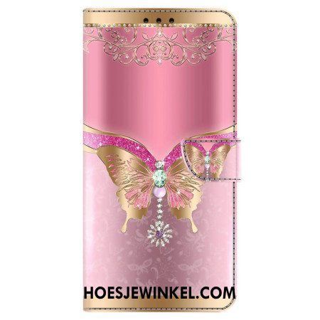 Leren Hoesje Oppo A98 5g Roze En Gouden Vlinder