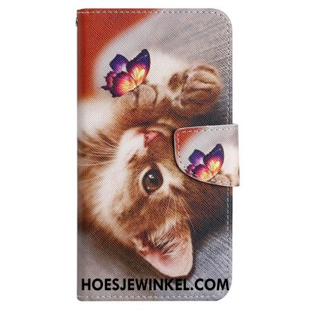 Leren Hoesje Samsung Galaxy A15 5g Vlinder- En Kattenprint Met Riempje