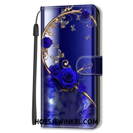 Leren Hoesje Samsung Galaxy S24 5g Blauwe Rozen En Gouden Vlinders Met Riem Bescherming Hoesje