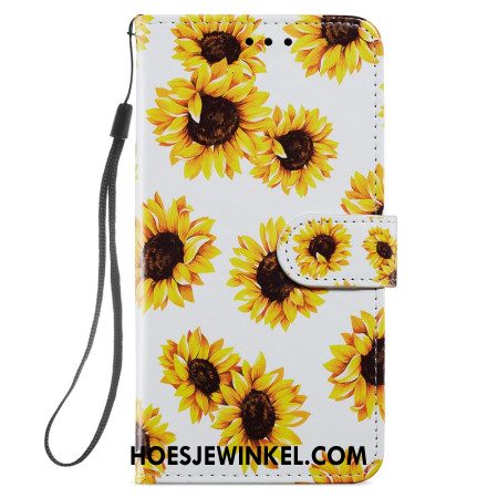 Leren Hoesje Samsung Galaxy S24 5g Riem Zonnebloemen Bescherming Hoesje