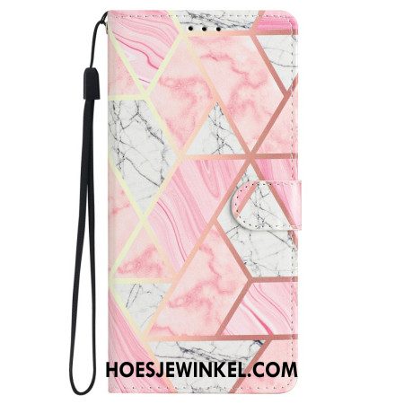 Leren Hoesje Samsung Galaxy S24 5g Roze Marmer Met Riem